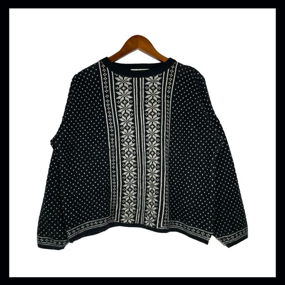 Vintage 80s Cropped Knit Sweater Black White Snowflake Stripe Dot Oversized M - Picture 1 of 9
